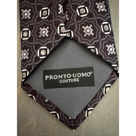 Pronto Uomo Couture Tie Black/Grey 100% Silk Handmade Geometric Print Luxury NWT - Picture 5 of 9